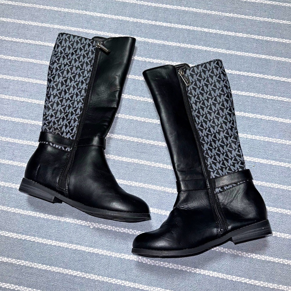 Michael Kors Shea Kids Knee High Riding Boots Black Gray Logo Zip US 2 Girls